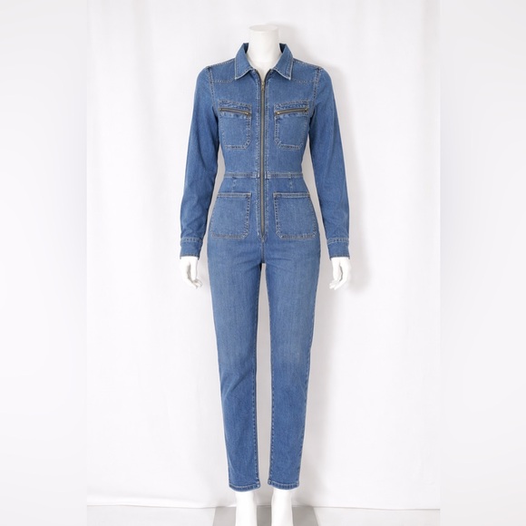 Free People Pants - Free People Denim Jumpsuit Medium Zip Front Utility Coverall  Blue Long Sleeve